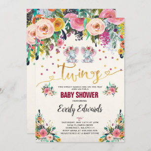 Twin Girl Elephant Baby Shower Invitation