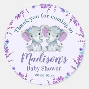 Twin Girl Elephant Baby Shower Label StickerFloral