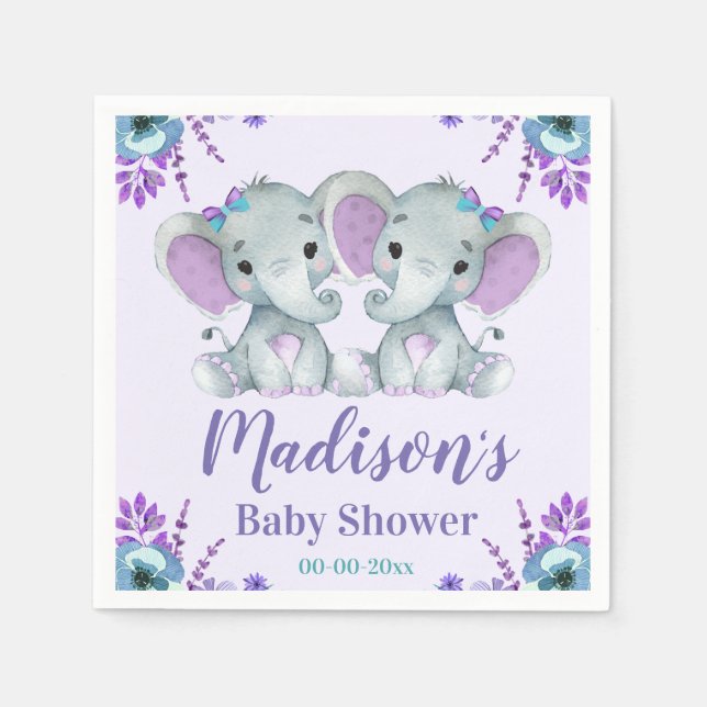 Twin Girl Elephant Baby Shower Napkins Floral (Front)