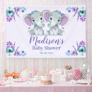 Twin Girl Elephant Banner Sign Backdrop Over Table