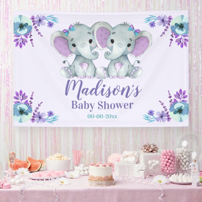 Twin Girl Elephant Banner Sign Backdrop Over Table (Party)