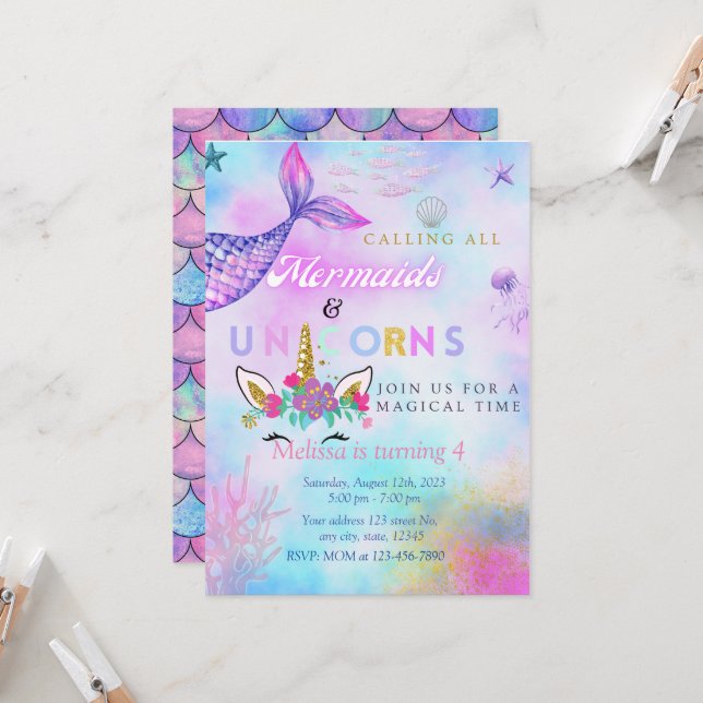 Twin/Girl Mermaid & Unicorn Birthday Party  Invitation (Front/Back In Situ)