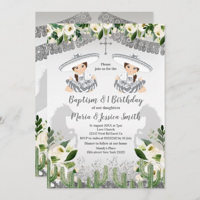  Twin Girl Mexican Silver Baptism and Birthday Invitation (Front/Back)