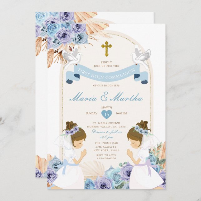 TWIN Girl Praying First Holy Communion Blue Floral Invitation (Front/Back)