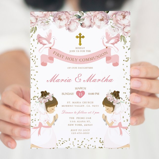 TWIN Girl Praying First Holy Communion Pink Floral Invitation (Creator Uploaded)