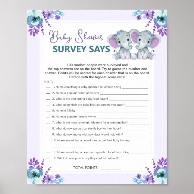 Twin Girl Survey Says Baby Shower Game Purple Teal Poster (Front)