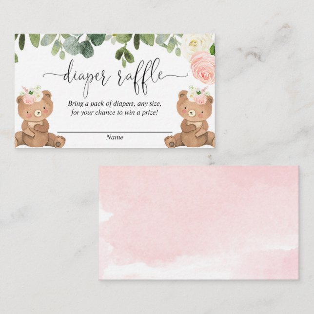 Twin girl teddy bears pink floral diaper raffle enclosure card (Front/Back)
