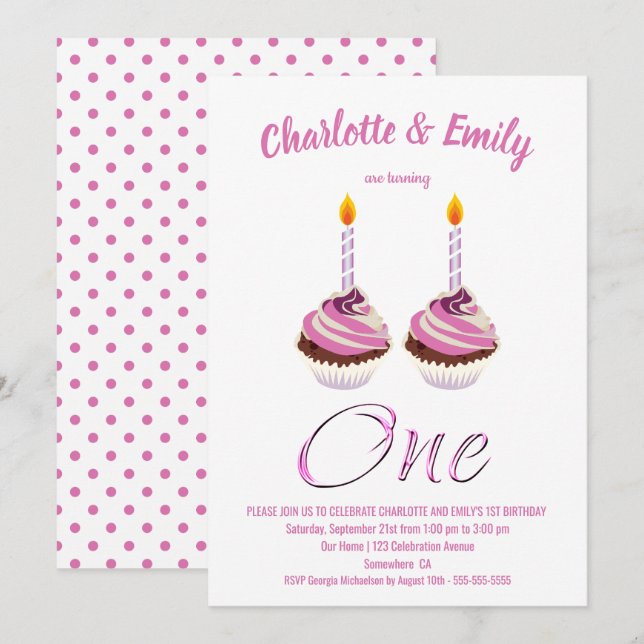 Twin Girls 1st Birthday Pink Cupcake Party Invitation (Front/Back)
