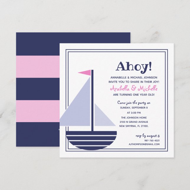 twin girls ANY AGE sailboat BIRTHDAY PARTY Invitation (Front/Back)