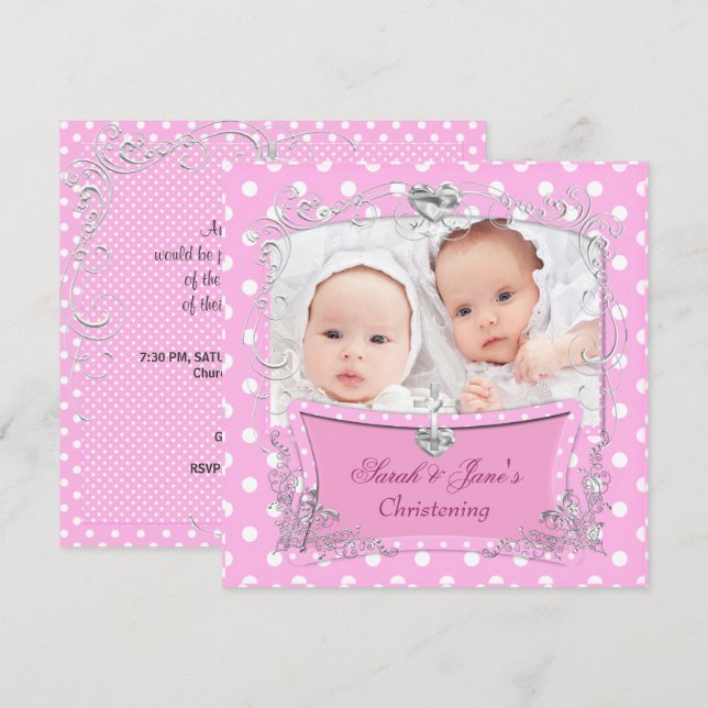Twin Girls Baby Christening Baptism Pink Invitation (Front/Back)