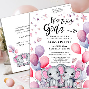 Twin Girls Baby Elephant Pink Balloon Baby Shower Invitation Postcard
