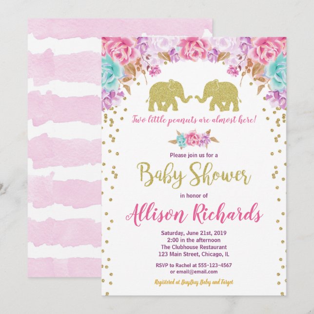 Twin girls baby shower elephants pink gold invitation (Front/Back)