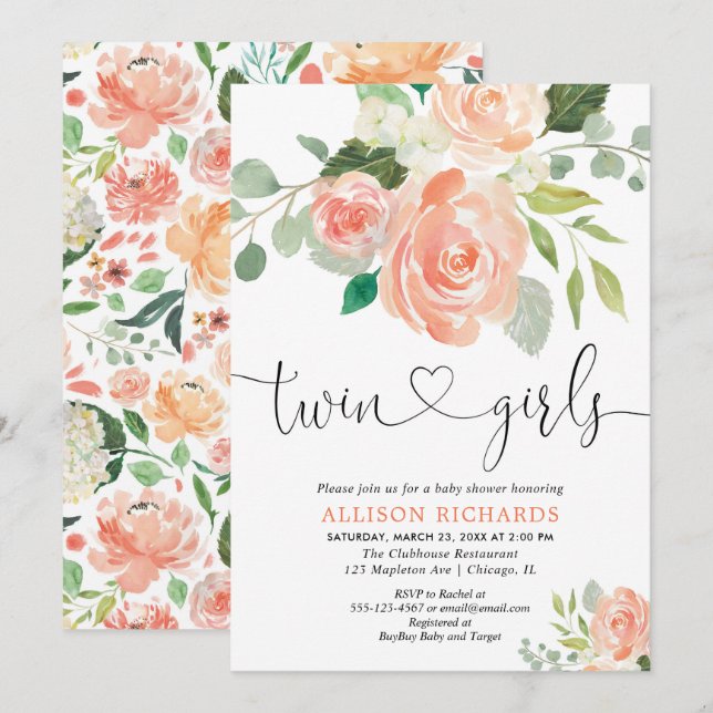 Twin girls baby shower floral watercolors invitation (Front/Back)