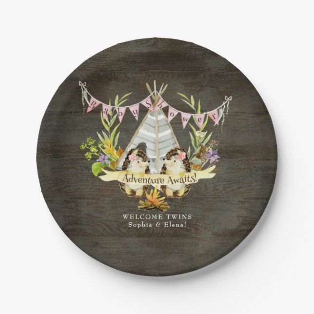 Twin Girls Baby Shower Hedgehog Adventure BOHO art Paper Plate (Front)