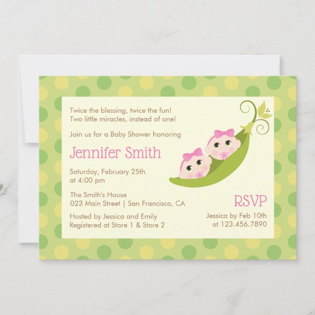 Twin Girls Baby Shower Invitation 2 Peas In A Pod (Front)
