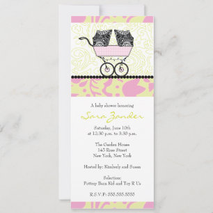 Twin Girls Baby Shower Invitation - Baby Carriage