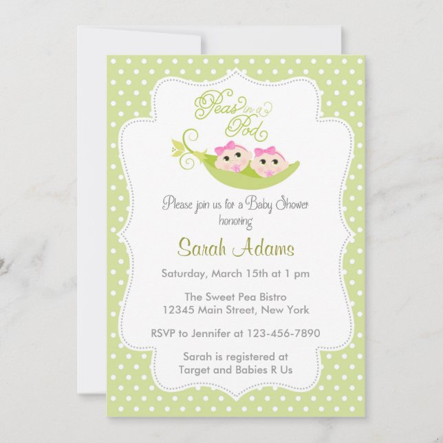 Twin Girls Baby Shower Invitation Peas in A Pod (Front)