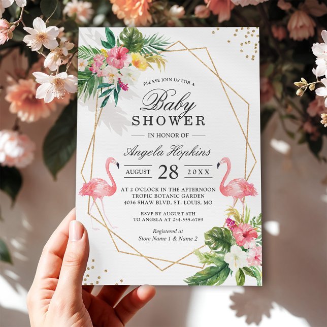 Twin Girls Baby Shower Tropical Floral Flamingos Invitation (Creator Uploaded)