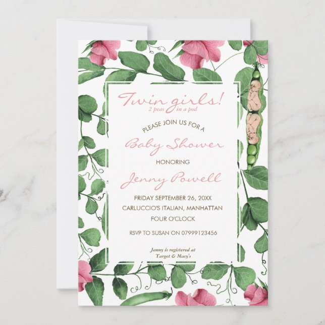 Twin Girls baby shower two peas in a pod invite (Front)