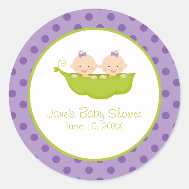 Twin Girls Baby Shower, Two Peas in a Pod Purple Classic Round Sticker (Front)