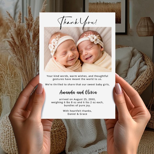 Twin Girls Baby Thank You Card with Photo (Creator Uploaded)