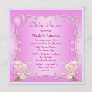 Twin Girls & Balloons Pink Baby Shower Invitation