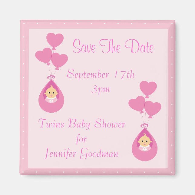 Twin Girls & Balloons Save The Date Baby Shower Magnet (Front)