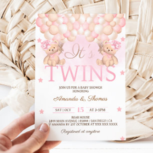 Twin Girls Bear Pink Balloons Baby Shower Invitation