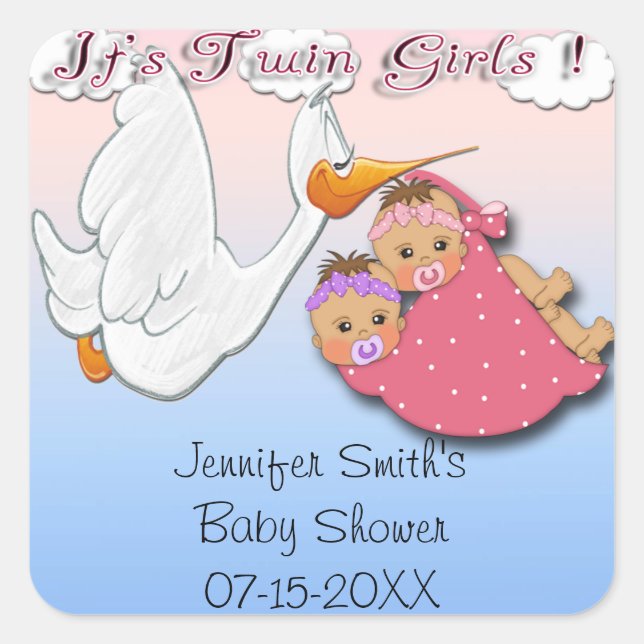 Twin Girls BH - Stork Baby Shower Favour stickers (Front)