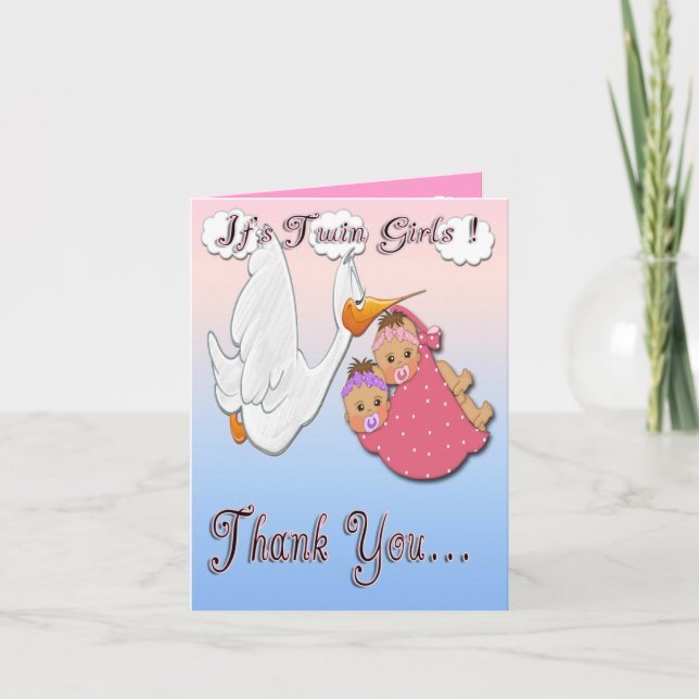 Twin Girls BH - Stork Baby Shower Thank You card (Front)