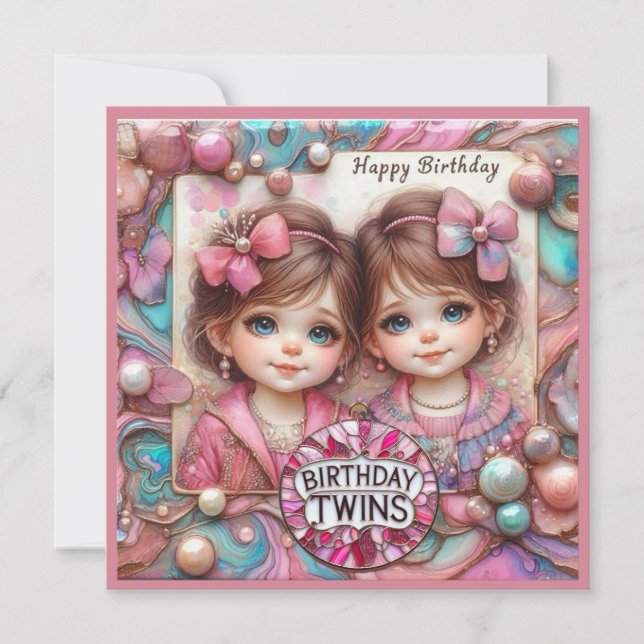 TWIN GIRLS Birthday Card ~ young children ~ Pink ~ (Front)