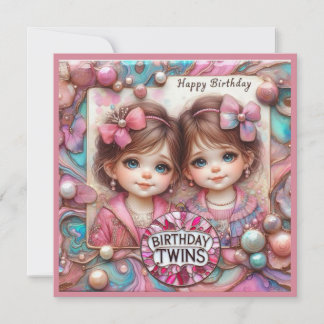 TWIN GIRLS Birthday Card ~ young children ~ Pink ~