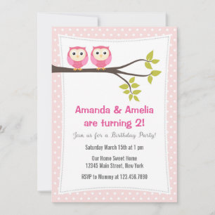 Twin Girls  Birthday Party Invitation Owls