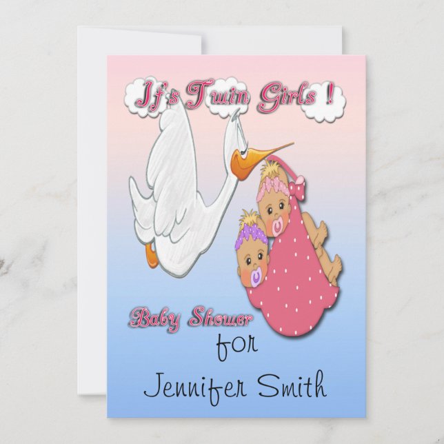 Twin Girls Blonde - Stork Baby Shower Invitations (Front)