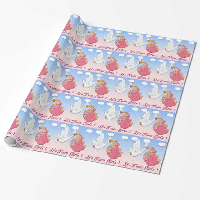 Twin Girls Blonde - Stork Baby Shower Wrapping Pap Paper (Unrolled)