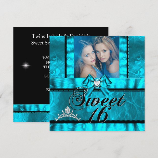 Twin Girls Blue Teal Sweet Sixteen Sweet 16 Invitation (Front/Back)