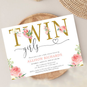 Twin girls blush pink gold floral baby shower invitation
