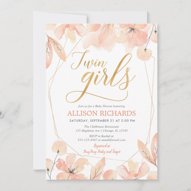Twin girls Blush pink gold floral girl baby shower Invitation (Front)