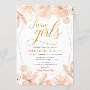 Twin girls Blush pink gold floral girl baby shower Invitation