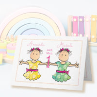 Twin Girls Brown Hair Cute Cartoon 1st Birthday