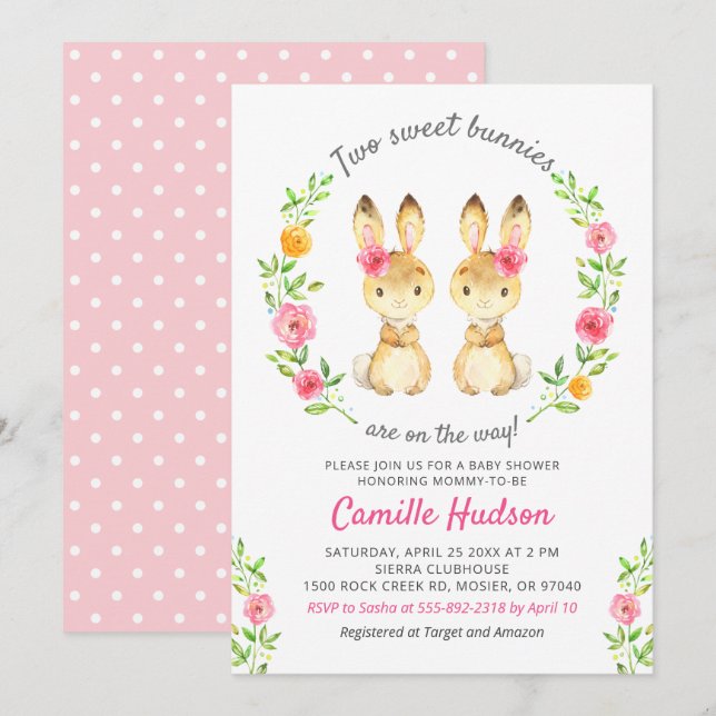 Twin Girls Bunny Floral Pink Baby Shower Sprinkle Invitation (Front/Back)