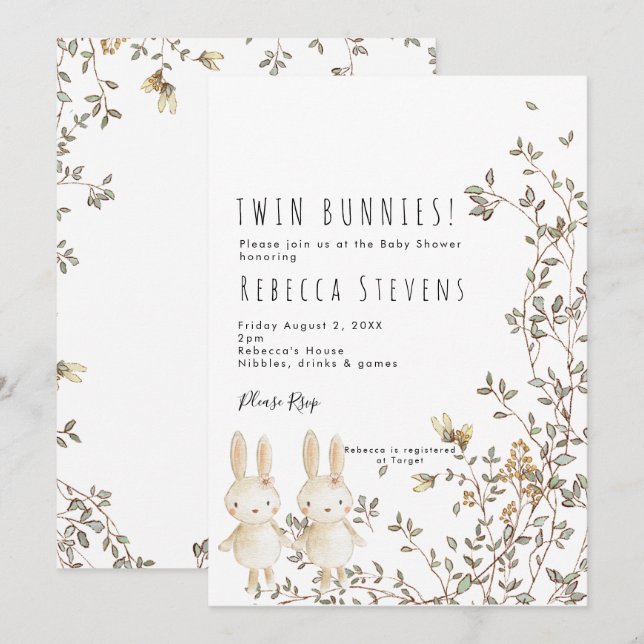 twin girls bunny wildflower baby shower invitation (Front/Back)