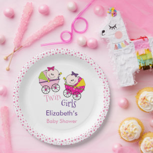 Twin Girls Carriage Baby Shower Paper Plate