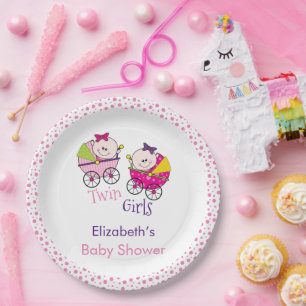Twin Girls Carriage Baby Shower Paper Plate