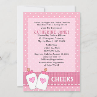 Twin Girls Cheers Milk Bottles Baby Shower Invitation