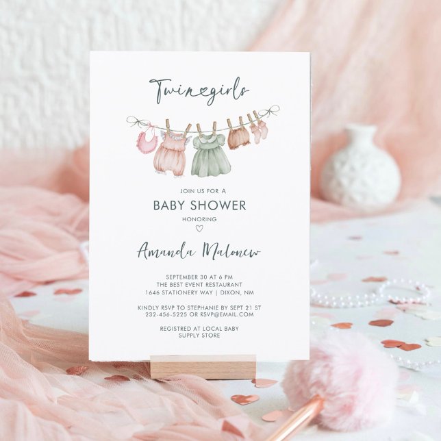 Twin Girls Clothes Watercolor Modern Baby Shower Invitation (Creator Uploaded)