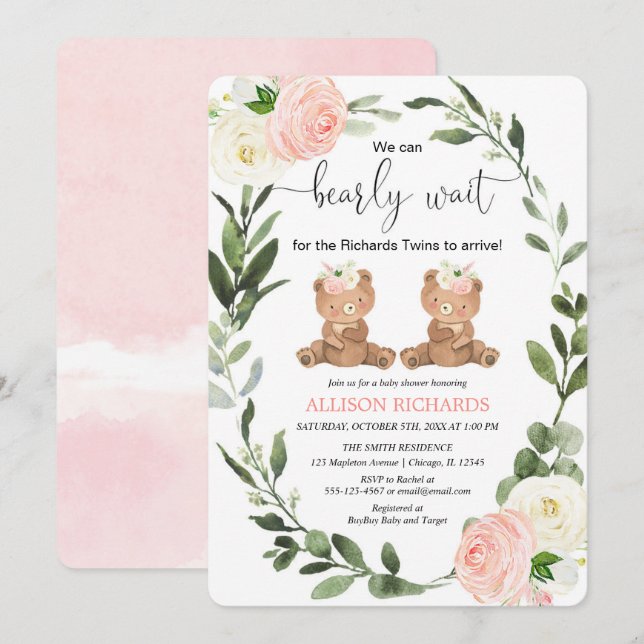 Twin girls cute teddy bear pink floral baby shower invitation (Front/Back)