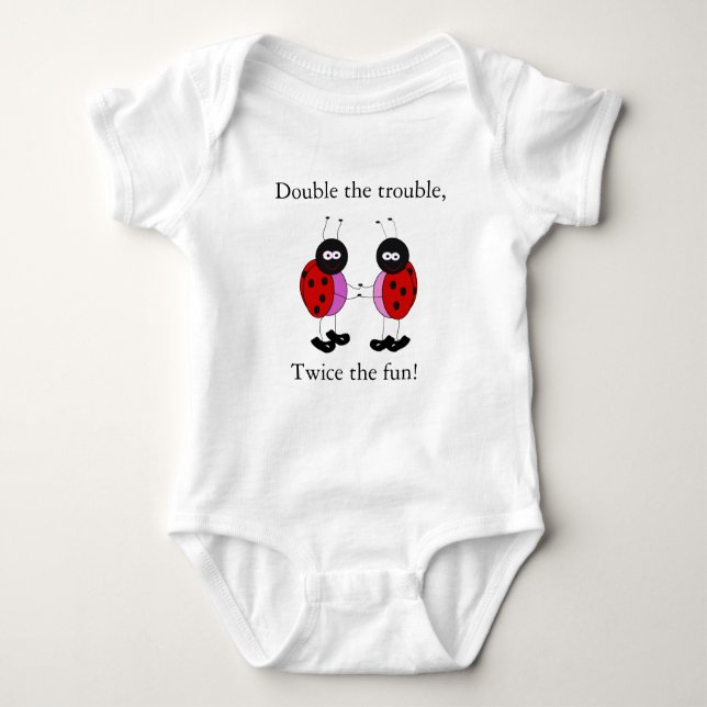 Twin girls double the trouble ladybugs baby bodysuit (Front)