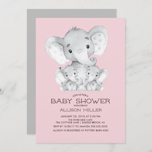 TWIN Girls Elephant baby Shower Invitation (Front/Back)