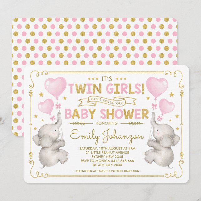 Twin Girls Elephant Baby Shower Pink Gold Jungle Invitation (Front/Back)